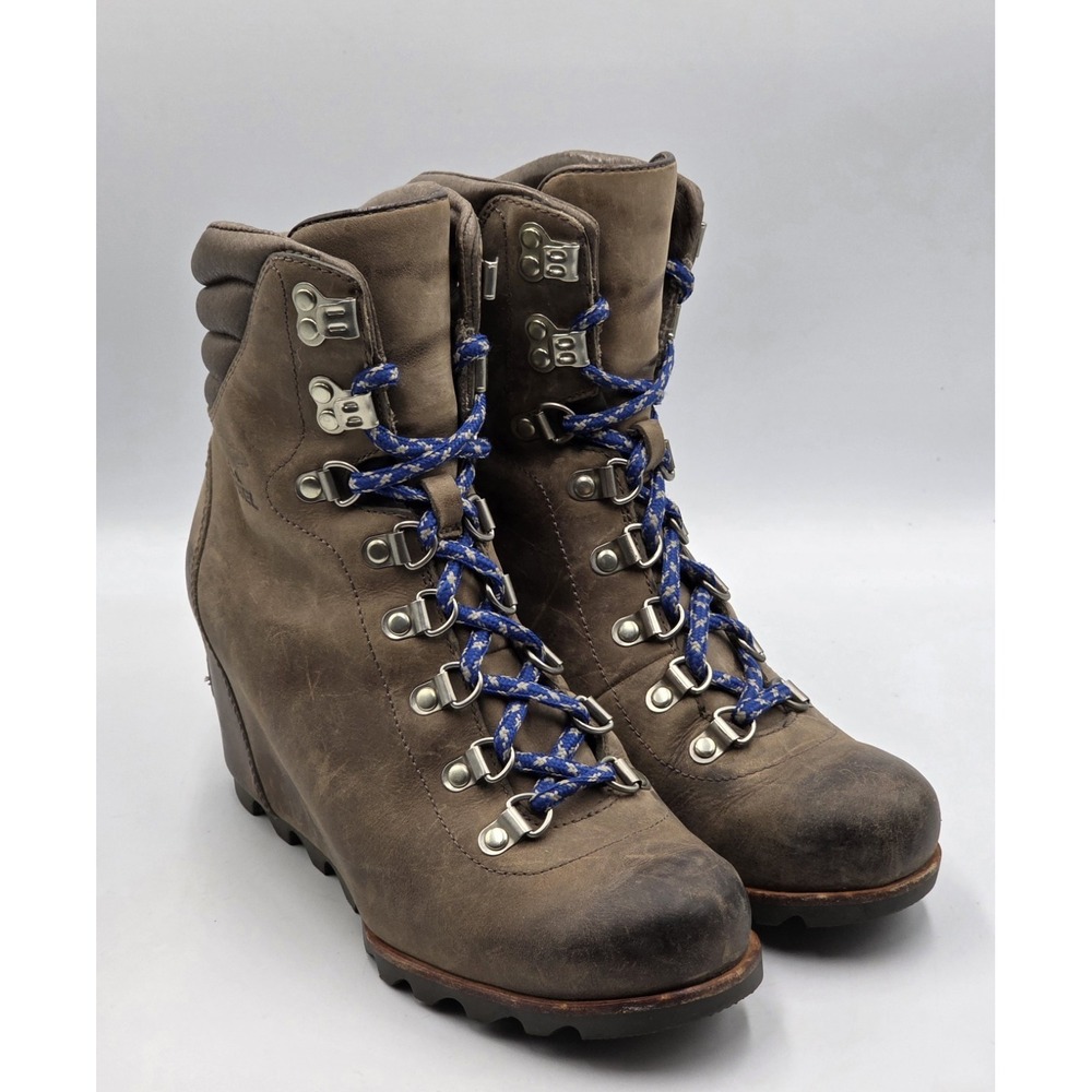 Sorel Lea Wedge Quarry Brown Leather Lace Up Ankle Boots NL2337-005 Womens 8